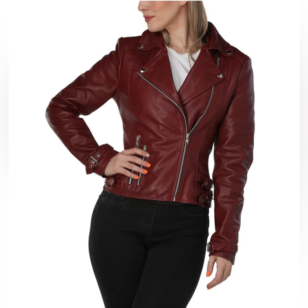NWT [Leather Skin] Burgundy Maroon Asymmetrical Zip Leather Jacket Women’s XS
